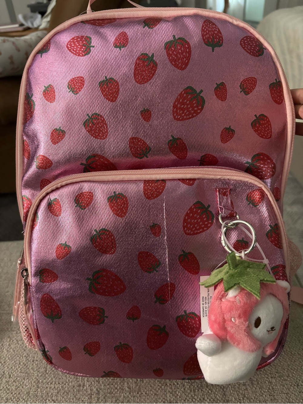 Madden Girl Kids Pink Strawberry Print Backpack with Plush Keychain